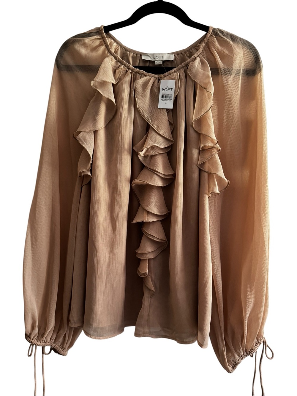 LOFT NWT Blush Ruffle Sheer Tie Neck Blouse Large Romantic Feminine Cottagecore - Picture 2 of 11